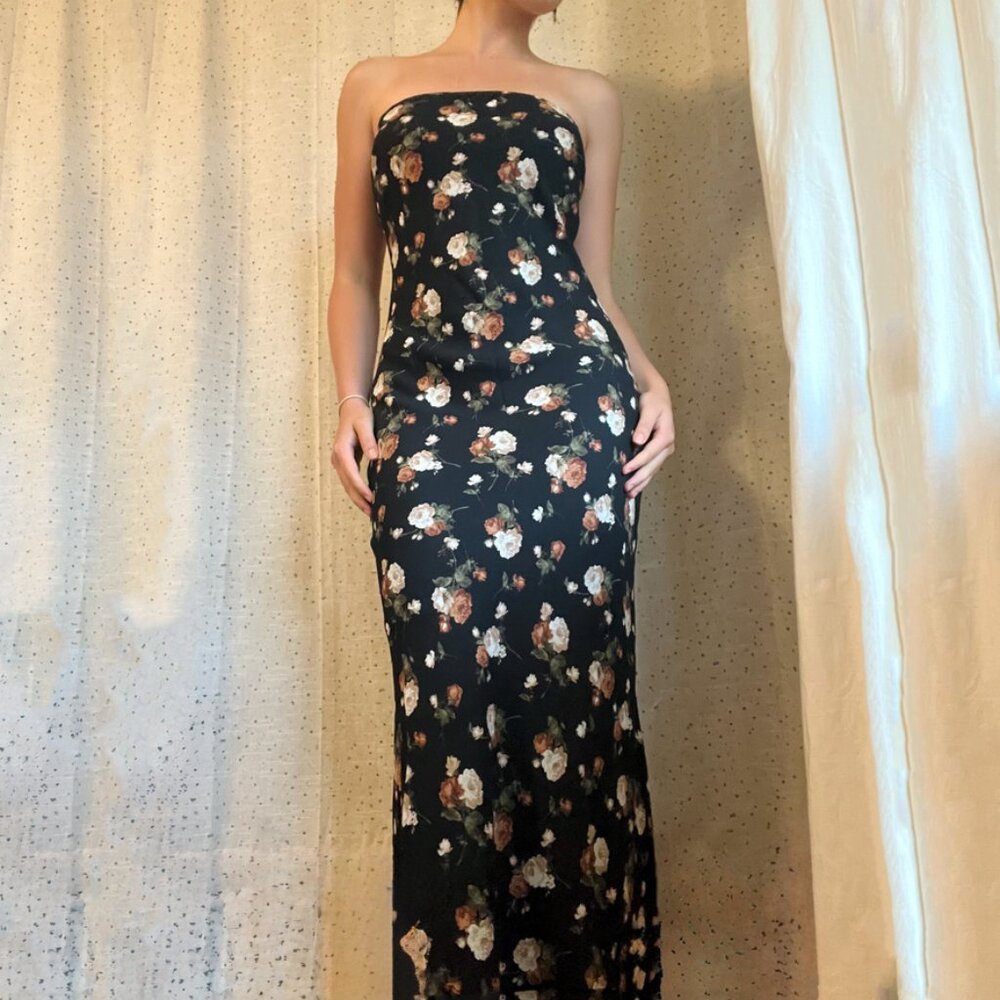 NWOT The Workshop Small Black Floral Strapless Maxi Elegant Wedding Guest Dress